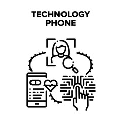 Aufkleber - Technology Phone Vector Icon Concept. Fingerprint And Face Id For Unblocked Cellphone And Protection Information, Human Health Monitoring Application, Technology Phone Black Illustration