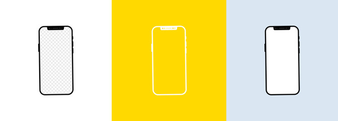 Poster - Realistic smartphone screen mockup set. Phone frame with blank display isolated templates. Mobile device concept. Vector EPS 10. Isolated on white background