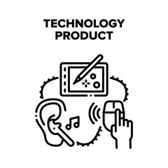 Poster - Technology Product Devices Vector Icon Concept. Tablet For Painting Digital Images, Wireless Computer Mouse And Bluetooth Earphones Technology Product Devices. Electronic Gadget Black Illustration