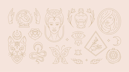 Wall Mural - magic woman boho vector illustrations of graceful feminine women and esoteric symbols set.