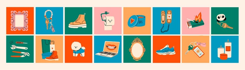 Various Icons. Logo templates. Boots, sport shoes, keychains, mirror frames, matches, tools, dog, laptop, candles, phone. Lifestyle concept. Hand drawn Vector illustrations. All elements are isolated