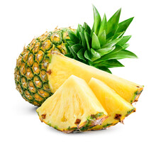 Cut Pineapple Isolated. Whole Pineapple With Slice, Piece And Leaves. Whole And Cut Pineapple On White. Full Depth Of Field.