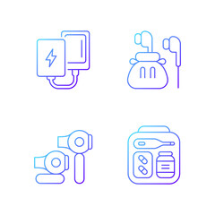 Sticker - Traveller luggage gradient linear vector icons set. Compact powerbank and headphones. First aid kit. Thin line contour symbols bundle. Isolated vector outline illustrations collection