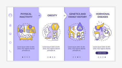 Wall Mural - Diabetes causes onboarding vector template. Responsive mobile website with icons. Web page walkthrough 4 step screens. Everyday physical inactivity color concept with linear illustrations