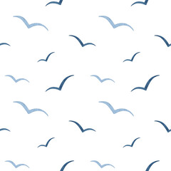 Watercolor navy blue abstract Seagull seamless pattern. Sea life. Flying Gull Birds silhouettes in the sky. Marine simple vector background for design prints, fabric, textile, package, scrapbooking