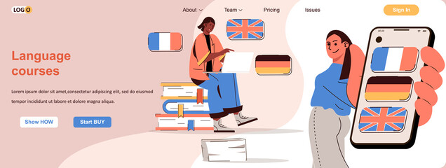 Poster - Language courses web concept. Students learn foreign languages online or mobile app scene. Banner template with flat line characters design. Vector illustration for social media promotional materials
