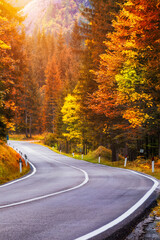 View of winding road. Asphalt roads in the Italian Alps in South Tyrol, during autumn season. Autumn scene with curved road and yellow larches from both sides in alp forest. Dolomite Alps. Italy