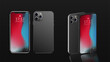 Set of Modern Realistic 3d smartphone isolated on a smooth dark black surface. Collection Realistic vector illustration smartphone. New mobile cell phone front and back with mirror reflection