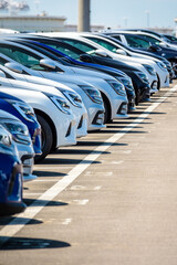 Row of brand new cars lined up outdoors in a parking lot.