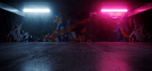 Neon Lights Grunge Graffiti Street Wall Sci Fi Underground Garage Car Room Cement Asphalt Concrete Brick Wall Realistic Blue Purple Colors Cyber Background 3D Rendering