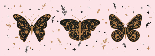 Vector set of linear Boho Butterflies, stars, moon, and sun - folk art design elements for decoration or logo design templates in modern minimalist style.