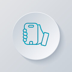 Poster - Mobile phone and hand, cellphone, simple icon. Cut circle with gray and blue layers. Paper style
