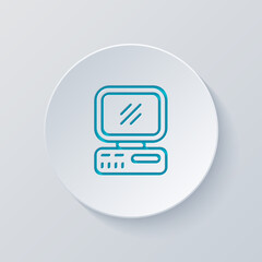 Poster - Old computer, vintage technology, retro pc, simple icon. Cut circle with gray and blue layers. Paper style