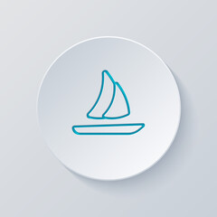 Poster - Sail boat or yacht, ship on the water, simple icon. Cut circle with gray and blue layers. Paper style