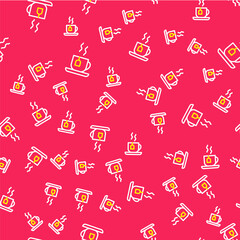 Sticker - Line Cup of tea with tea bag icon isolated seamless pattern on red background. Vector