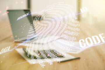 Poster - Multi exposure of virtual abstract fingerprint illustration on calculator and laptop background, digital access concept