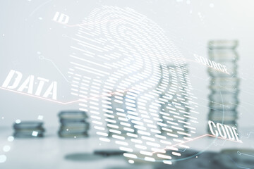 Aufkleber - Double exposure of virtual creative fingerprint hologram on growing coins stacks background, protection of personal information concept