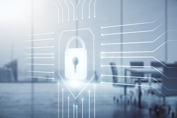 Aufkleber - Virtual creative lock sketch with chip hologram on a modern boardroom background, protection of personal data concept. Multiexposure