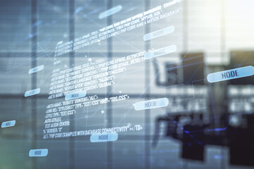 Poster - Multi exposure of abstract graphic coding sketch on a modern furnished classroom background, big data and networking concept