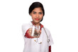 Healthy eating or lifestyle concept: Smiling female doctor holding a glass of clear fresh water
