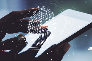 Aufkleber - Multi exposure of abstract creative fingerprint illustration with finger presses on a digital tablet on background, digital access concept