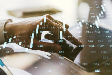 Poster - Abstract creative stats data concept with finger clicks on a digital tablet on background. Multiexposure