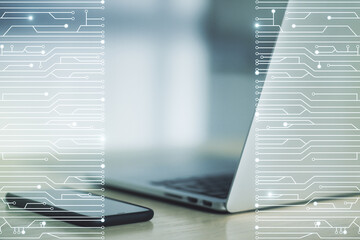 Poster - Creative concept of microscheme illustration on modern laptop background. Big data and database concept. Multiexposure
