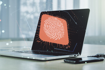 Poster - Multi exposure of abstract fingerprint scan interface on computer background, digital access concept
