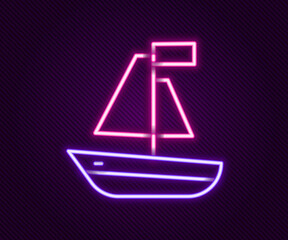 Sticker - Glowing neon line Toy boat icon isolated on black background. Colorful outline concept. Vector