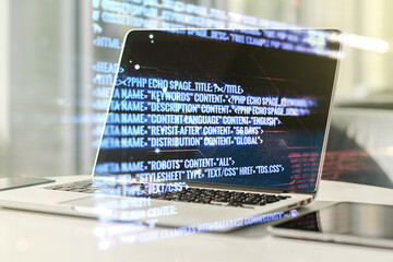 Poster - Multi exposure of abstract software development hologram on laptop background, research and analytics concept