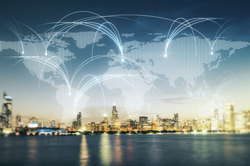 Poster - Double exposure of abstract digital world map hologram with connections on Chicago city skyscrapers background, research and strategy concept