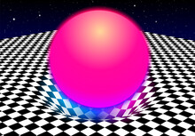 Abstract Checkered Board Background With Red Ball And Gravity Effect On The Pit Or Hole On The Floor. Vaporwave Or Synthwave 80s Styled Illustration.