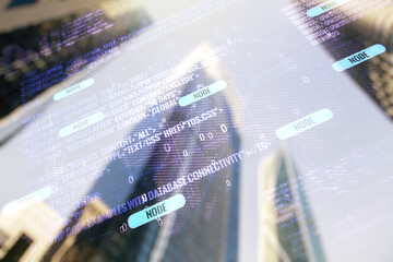 Poster - Multi exposure of abstract programming language hologram and world map on blurry cityscape background, artificial intelligence and neural networks concept
