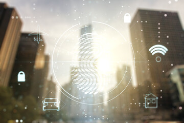 Fototapete - Multi exposure of virtual fingerprint scan interface on blurry cityscape background, digital access concept