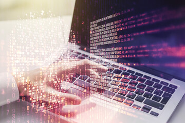 Poster - Creative code skull sketch and hands typing on computer keyboard on background, theft of personal data and malware concept. Multiexposure