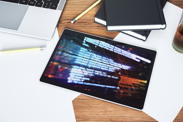 Poster - Abstract creative coding illustration on modern digital tablet display, software development concept. Top view. 3D Rendering