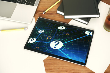 Aufkleber - Creative abstract question mark sketch on modern digital tablet screen, FAQ and research concept. Top view. 3D Rendering