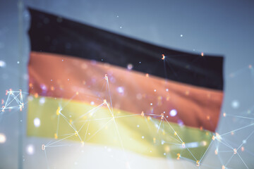 Poster - Abstract virtual wireless technology hologram on flag of Germany and sunset sky background. Big data and database concept. Multiexposure