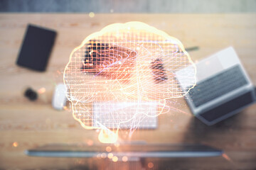 Poster - Double exposure of creative human brain microcircuit with computer on background. Future technology and AI concept