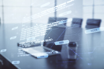 Poster - Multi exposure of abstract creative coding sketch on modern laptop background, artificial intelligence and neural networks concept