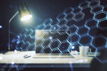 Poster - Creative abstract technology sketch with hexagon grid on modern laptop background, future technology and AI concept. Double exposure