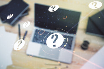 Aufkleber - Creative concept of question mark illustration on modern laptop background. FAQ and search concept. Multiexposure