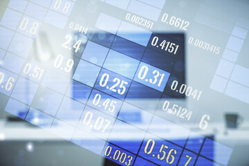 Poster - Multi exposure of stats data illustration on modern laptop background, computing and analytics concept
