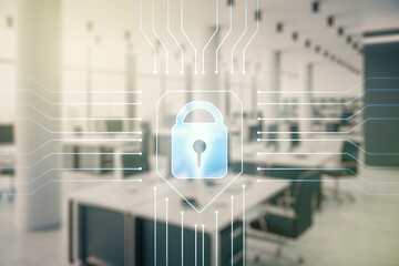 Poster - Virtual creative lock illustration with microcircuit on a modern furnished classroom background, cyber security concept. Multiexposure
