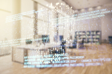 Aufkleber - Abstract virtual code skull hologram on a modern furnished classroom background, cybercrime and hacking concept. Multiexposure