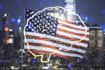 Poster - Double exposure of creative human brain microcircuit hologram on US flag and city background. Future technology and AI concept