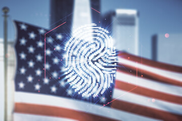 Fototapete - Multi exposure of virtual creative fingerprint hologram on USA flag and blurry skyscrapers background, personal biometric data concept