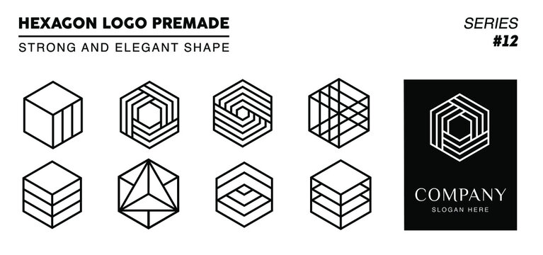 Black and white monogram hexagon logo, 8 collection hexagon logo line art with 1 logo template. 

