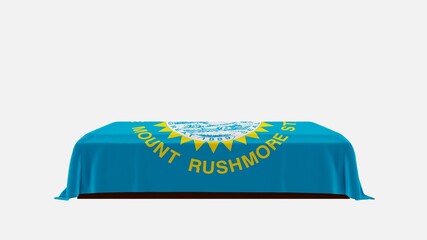 Side View of a Casket on a White Background covered with the US State Flag of South Dakota