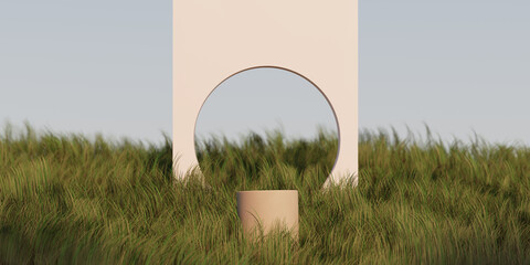 3D background, beige podium, round display frame with shadow. Green grass field. Cosmetic, beauty product promotion. Nature pedestal. Summer landscape mockup, abstract 3D render illustration.